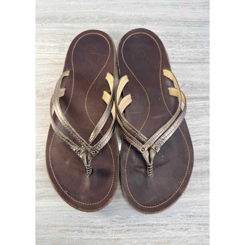 OluKai Flip Flop Sandals Ui Bronze Dark Java Leather Beach Boho Womens 7 38